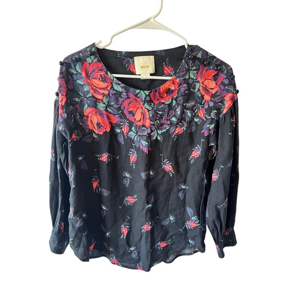Maeve Tops - Anthropologie Maeve Black Floral GardeniaButton Shoulder‎ Blouse Size XS